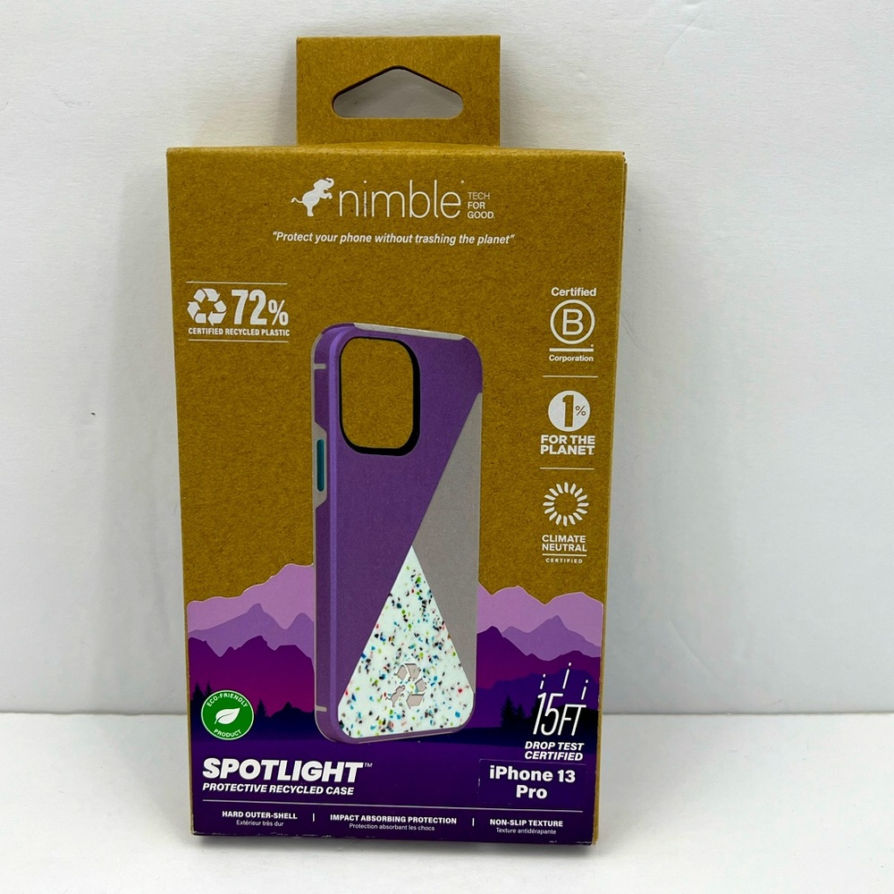 NIMBLE TECH FOR GOOD, iPhone 13 PRO PROTECTIVE CASE, PURPLE AND WHITE COLOR